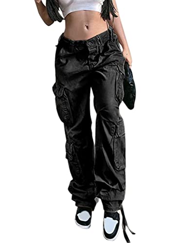 Tomwell Damen Low Waist Cargo Hose Sweathose Jeans Gerade Breites Bein Baggy Denim Hosen Y2k E-Girl Vintage Hip Hop Jogger Hosen Multi Taschen 90er Streetwear A Schwarz XS von Tomwell