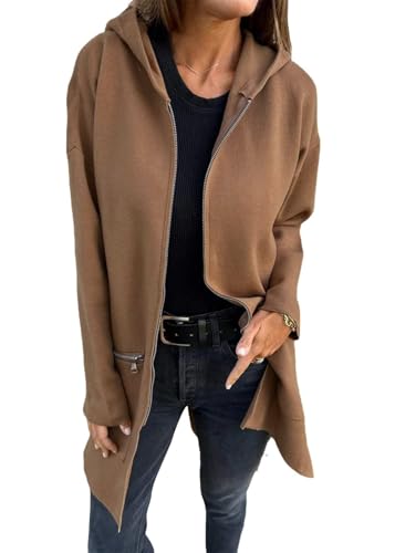 Tomwell Damen Mantel Elegant Kapuzenjacke Cardigan Trenchcoat Wintermantel Übergangsjacke Damen Lang mit Reißverschluss Kapuzenjacke Jacke A Khaki XL von Tomwell