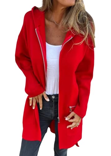 Tomwell Damen Mantel Elegant Kapuzenjacke Cardigan Trenchcoat Wintermantel Übergangsjacke Damen Lang mit Reißverschluss Kapuzenjacke Jacke A Rot 3XL von Tomwell