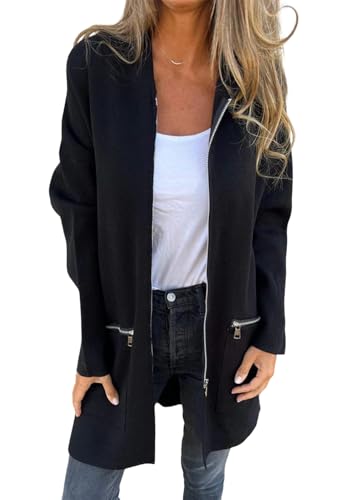 Tomwell Damen Mantel Elegant Kapuzenjacke Cardigan Trenchcoat Wintermantel Übergangsjacke Damen Lang mit Reißverschluss Kapuzenjacke Jacke A Schwarz L von Tomwell
