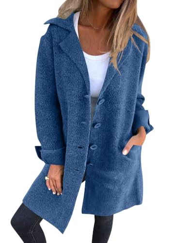 Tomwell Damen Mantel Elegant Mittellange Cardigan Trenchcoat Herbstjacke Übergangsmantel Lässige Einfarbig Revers mit Tasche Strickjacke A Blau S von Tomwell