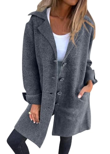 Tomwell Damen Mantel Elegant Mittellange Cardigan Trenchcoat Herbstjacke Übergangsmantel Lässige Einfarbig Revers mit Tasche Strickjacke A Grau XL von Tomwell
