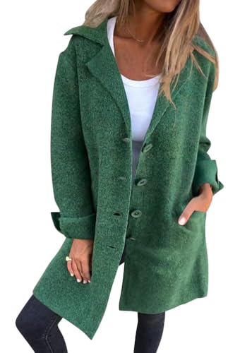 Tomwell Damen Mantel Elegant Mittellange Cardigan Trenchcoat Herbstjacke Übergangsmantel Lässige Einfarbig Revers mit Tasche Strickjacke A Grün 3XL von Tomwell