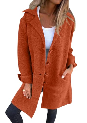 Tomwell Damen Mantel Elegant Mittellange Cardigan Trenchcoat Herbstjacke Übergangsmantel Lässige Einfarbig Revers mit Tasche Strickjacke A Orange L von Tomwell