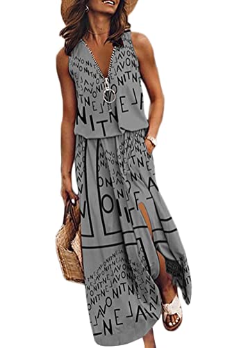 Tomwell Damen Maxikleid Bohemian Farbe Patchwork Neckholde Abendkleider Ärmellos Schulterfrei Strandkleid Sommer Party Kleid Z1 Grau 46 von Tomwell