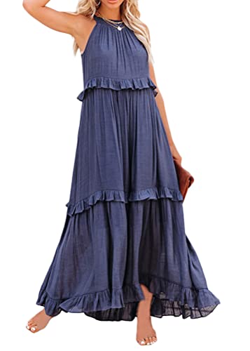 Tomwell Damen Maxikleider Blumendruck Ärmellos Strandkleid Casual Elegant Kleider Sommer Temperament Cocktailkleid Partykleid Blau L von Tomwell