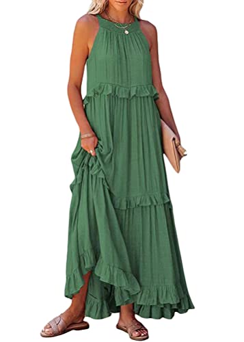 Tomwell Damen Maxikleider Blumendruck Ärmellos Strandkleid Casual Elegant Kleider Sommer Temperament Cocktailkleid Partykleid Grün XL von Tomwell