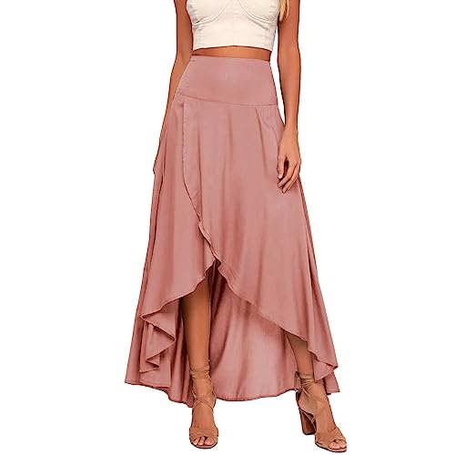 Tomwell Damen Maxirock Sommer Elastische Hohe Taille A-Linie Lässiges Kleid Modischer Einfarbig Unregelmäßigem Saum Lang Rock Wickel Maxirock mit Schlitz A Rosa S von Tomwell