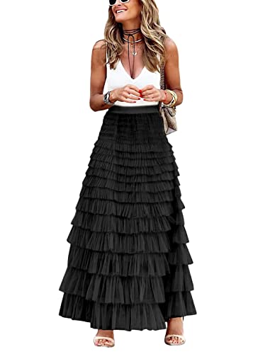 Tomwell Damen Maxirock Sommer Elastische Hohe Taille A-Linie Lässiges Kleid Modischer Mesh Kuchen Rock Sommerrock Lange Puffy Faltenröcke A Schwarz XXL von Tomwell