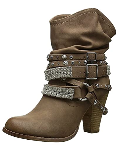 Tomwell Damen Mode Elegante Winterschuhe High Heels mit Warm Gefüttert Plüsch Anti Rutsch Sohle Stiefeletten Runde Kappe Stiefel Leder Stiefel Schuhe Kurzschaft Boots A Khaki 38 EU von Tomwell