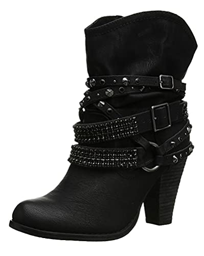 Tomwell Damen Mode Elegante Winterschuhe High Heels mit Warm Gefüttert Plüsch Anti Rutsch Sohle Stiefeletten Runde Kappe Stiefel Leder Stiefel Schuhe Kurzschaft Boots A Schwarz 35 EU von Tomwell