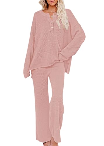 Tomwell Damen Mode Gestrickte Zweiteiler Outfits Pullover Sets Strickpullover Tops und Hosen Sets Casual Loungewear Set Einfarbig 2 Stück Set Freizeitanzug Outfits A Rosa M von Tomwell