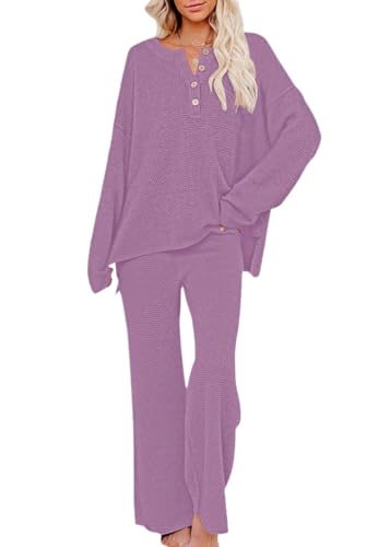 Tomwell Damen Mode Gestrickte Zweiteiler Outfits Pullover Sets Strickpullover Tops und Hosen Sets Casual Loungewear Set Einfarbig 2 Stück Set Freizeitanzug Outfits A Violett M von Tomwell