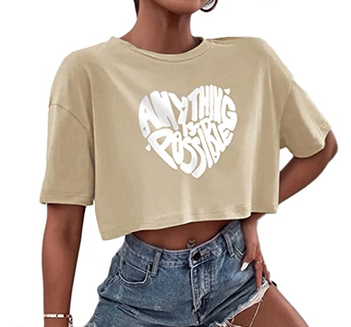 Tomwell Damen Mode Sommer Crop Top Frauen Kurzarm Ärmeln Einfache Harajuku Frauen Oberteile Lose Sweatshirt Rundhals Teenager Mädchen Bluse B Khaki M von Tomwell