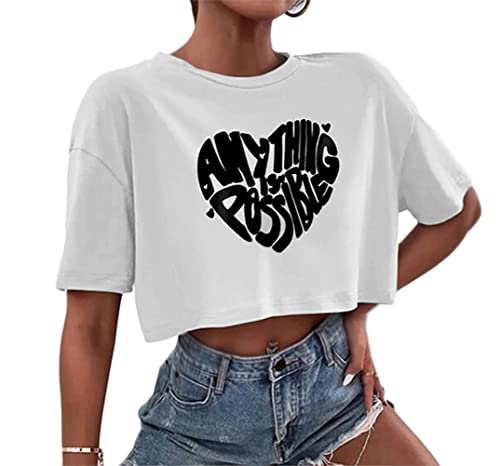 Tomwell Damen Mode Sommer Crop Top Frauen Kurzarm Ärmeln Einfache Harajuku Frauen Oberteile Lose Sweatshirt Rundhals Teenager Mädchen Bluse B Weiß XS von Tomwell