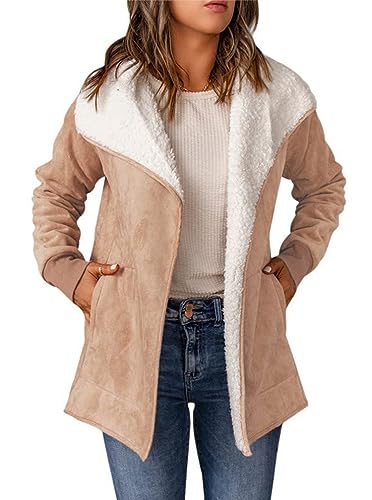 Tomwell Damen Oberbekleidung Wildleder-Jacken Übergangsjacke warme Mäntel Teddyfleece Gefüttert Einfarbig Wildleder Jacke Faux Pelz Fleece Herbst-Winter Splice-Revers A Khaki M von Tomwell