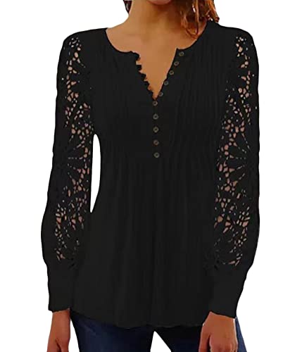 Tomwell Damen Oberteil Frauen Top Hemd lose Bedruckte V-Ausschnitt Top Bluse Spitze sexy Langarm Elegantes Hohl-Modehemd Damen Bluse Große Größen A Schwarz M von Tomwell