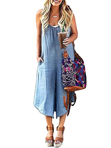 Tomwell Damen Overall Elastische Taille Rompers Retro Lose Ärmellos Jumpsuit mit Tasche Eleganter Wide Leg Strampler Denim Hosen Playsuit Jeans Z Blau XS von Tomwell