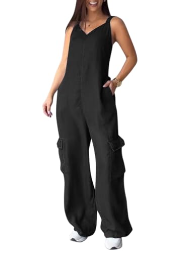 Tomwell Damen Overall V-Ausschnitt Rompers Retro Lose Ärmellos Jumpsuit mit Tasche Eleganter Wide Leg Strampler Denim Hosen Playsuit Jeans A Schwarz M von Tomwell
