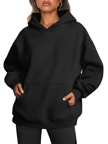 Tomwell Damen Oversized Hoodies Sweatshirts Langarm Einfarbig Pullover Winter Teenager Mädchen Kapuzenpullover Freizeit Sport Hip Hop Langarmshirt Oberteile Pulli Streetwear A Schwarz M von Tomwell