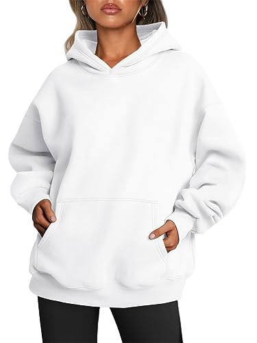 Tomwell Damen Oversized Hoodies Sweatshirts Langarm Einfarbig Pullover Winter Teenager Mädchen Kapuzenpullover Freizeit Sport Hip Hop Langarmshirt Oberteile Pulli Streetwear A Weiß L von Tomwell