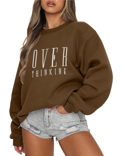 Tomwell Damen Oversized Sweatshirt Los Angeles Pullover ohne Kapuze Teenager Mädchen Rundhals Pulli Herbst Winter Fleecepullover A Braun XL von Tomwell