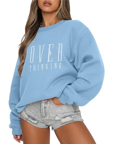 Tomwell Damen Oversized Sweatshirt Los Angeles Pullover ohne Kapuze Teenager Mädchen Rundhals Pulli Herbst Winter Fleecepullover A Hellblau XL von Tomwell