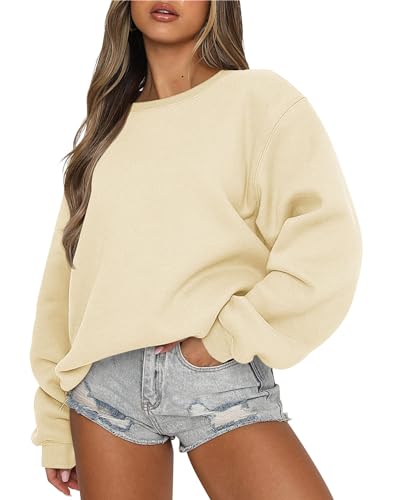 Tomwell Damen Oversized Sweatshirt Los Angeles Pullover ohne Kapuze Teenager Mädchen Rundhals Pulli Herbst Winter Fleecepullover D Beige S von Tomwell
