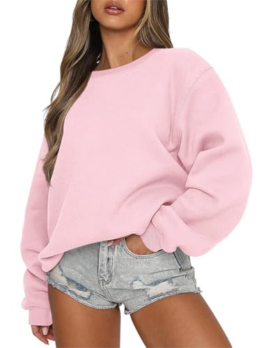 Tomwell Damen Oversized Sweatshirt Los Angeles Pullover ohne Kapuze Teenager Mädchen Rundhals Pulli Herbst Winter Fleecepullover D Rosa XL von Tomwell
