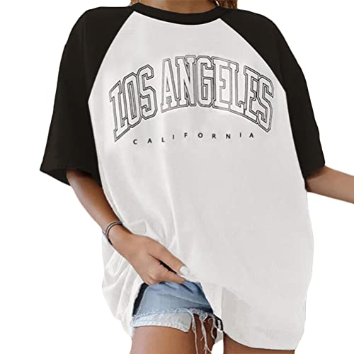 Tomwell Damen Oversized T-Shirt Kurzarm Sport Farbblock Oberteile Sommer Rundhals Lose Drucken Bluse Sportshirt Vintage Sweatshirt Teenager Mädchen Tunika Lang Tops A Weiß S von Tomwell