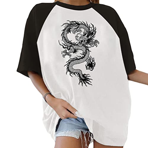 Tomwell Damen Oversized T-Shirt Kurzarm Sport Farbblock Oberteile Sommer Rundhals Lose Drucken Bluse Sportshirt Vintage Sweatshirt Teenager Mädchen Tunika Lang Tops C Weiß M von Tomwell