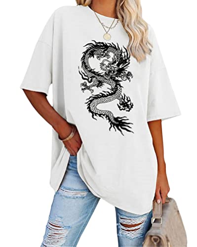 Tomwell Damen Oversized T-Shirt Kurzarm Tops Sport Sommer Rundhals Oberteile mit Drachen & Schmetterling Grafikdruck Lose Bluse Übergroße Streetwear für Teen Girls A Weiß XS von Tomwell