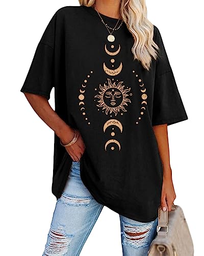 Tomwell Damen Oversized T-Shirt Kurzarm Tops Sport Sommer Rundhals Oberteile mit Drachen & Schmetterling Grafikdruck Lose Bluse Übergroße Streetwear für Teen Girls A1 Schwarz L von Tomwell