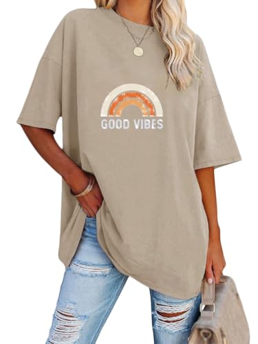 Tomwell Damen Oversized T-Shirt Kurzarm Tops Sport Sommer Rundhals Oberteile mit Drachen & Schmetterling Grafikdruck Lose Bluse Übergroße Streetwear für Teen Girls A3 Khaki XL von Tomwell