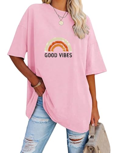 Tomwell Damen Oversized T-Shirt Kurzarm Tops Sport Sommer Rundhals Oberteile mit Drachen & Schmetterling Grafikdruck Lose Bluse Übergroße Streetwear für Teen Girls A3 Rosa M von Tomwell