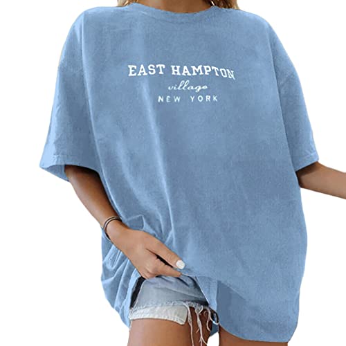 Tomwell Damen Oversized T-Shirt Sommer Kurzarm Grafikdruck Tunika Lose Rundhals Buchstaben Longshirt Frauen Sport Oberteile Lustig Streetwear Teenager Mädchen Lang Top Y7 Blau L von Tomwell