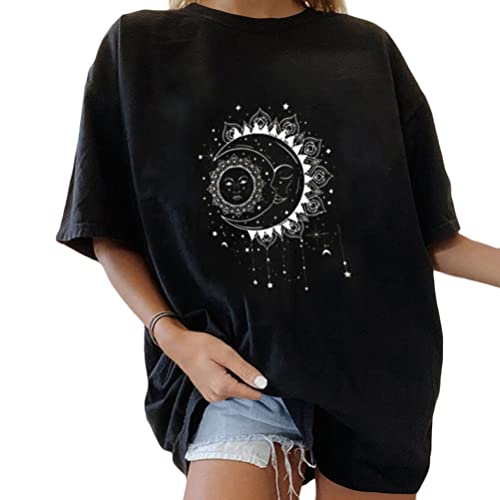 Tomwell Damen Oversized T-Shirt Sommer Kurzarm Grafikdruck Tunika Lose Rundhals Buchstaben Longshirt Frauen Sport Oberteile Lustig Streetwear Teenager Mädchen Tops Lang Y Schwarz M von Tomwell