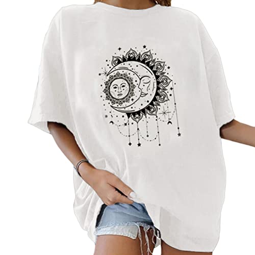 Tomwell Damen Oversized T-Shirt Sommer Kurzarm Grafikdruck Tunika Lose Rundhals Buchstaben Longshirt Frauen Sport Oberteile Lustig Streetwear Teenager Mädchen Tops Lang Y Weiß M von Tomwell