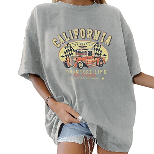 Tomwell Damen Oversized T-Shirt Sommer Kurzarm Grafikdruck Tunika Lose Rundhals Buchstaben Longshirt Frauen Sport Oberteile Streetwear Teenager Mädchen Tops Lang Grau L von Tomwell