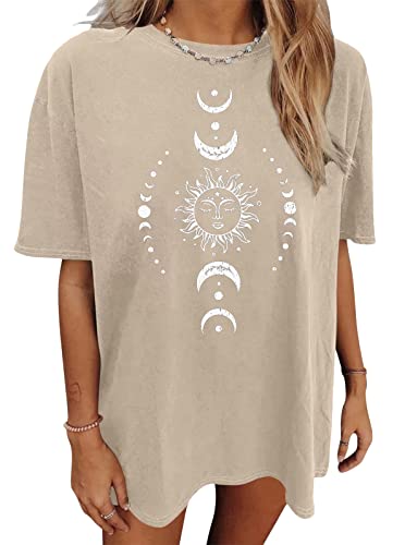 Tomwell Damen Oversized T-Shirt Sommer Kurzarm Vintage Sterne Sonne Mond Motiv Grafikdruck Shirt Lose Rundhals Oberteile Pullover Sweatshirt für Teenager Mädchen Tunika Tops Lang P5 Aprikose L von Tomwell