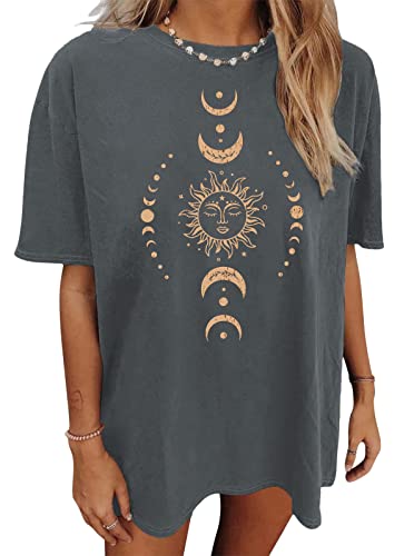 Tomwell Damen Oversized T-Shirt Sommer Kurzarm Vintage Sterne Sonne Mond Motiv Grafikdruck Shirt Lose Rundhals Oberteile Pullover Sweatshirt für Teenager Mädchen Tunika Tops Lang P5 Dunkelgrau L von Tomwell