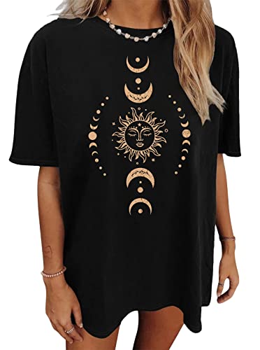 Tomwell Damen Oversized T-Shirt Sommer Kurzarm Vintage Sterne Sonne Mond Motiv Grafikdruck Shirt Lose Rundhals Oberteile Pullover Sweatshirt für Teenager Mädchen Tunika Tops Lang P5 Schwarz L von Tomwell