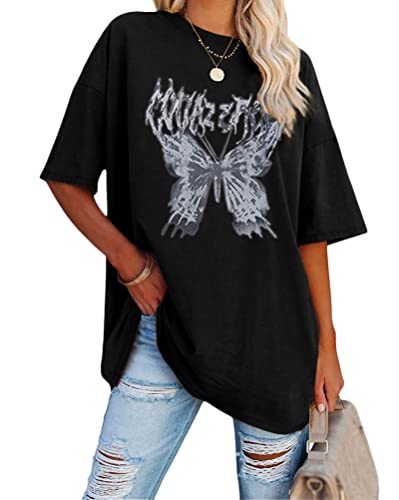 Tomwell Damen Oversized T-Shirt Y2K Kurzarm Tops Sport Sommer Rundhals Oberteile mit Skelett Grafikdruck Lose Bluse Vintage Harajuku Goth Drucken Streetwear 90er E-Girl Tops B Schwarz S von Tomwell