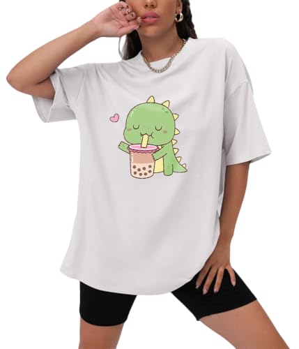 Tomwell Damen Oversized T Shirt mit Dinosaurier Drucken Vintage Kawaii T-Shirt Kurzarm Rundhals Sommer Oberteile Lose Bluse Lang Tunika Top für Teenager Mädchen B Weiß M von Tomwell