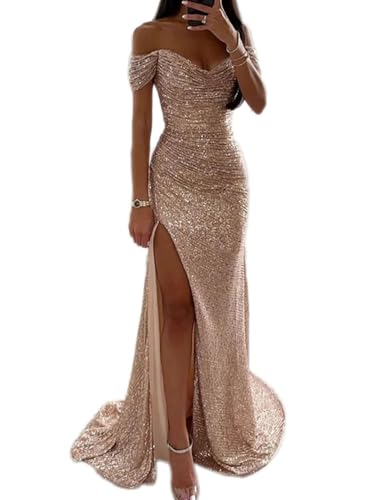 Tomwell Damen Pailletten Abendkleid Sexy Schulterfrei Hohe Taille Seitenschlitz Lang Kleid Maxikleid Elegant V-Ausschnitt Cocktailkleid Ballkleider A Aprikose M von Tomwell