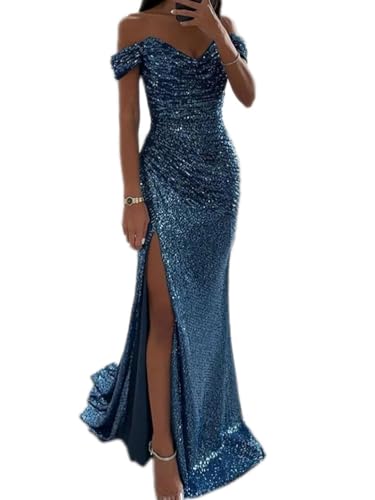 Tomwell Damen Pailletten Abendkleid Sexy Schulterfrei Hohe Taille Seitenschlitz Lang Kleid Maxikleid Elegant V-Ausschnitt Cocktailkleid Ballkleider A Blau M von Tomwell