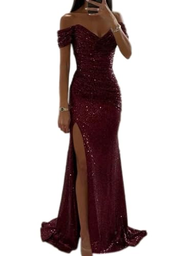 Tomwell Damen Pailletten Abendkleid Sexy Schulterfrei Hohe Taille Seitenschlitz Lang Kleid Maxikleid Elegant V-Ausschnitt Cocktailkleid Ballkleider A Rot M von Tomwell