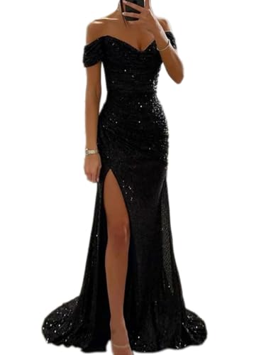 Tomwell Damen Pailletten Abendkleid Sexy Schulterfrei Hohe Taille Seitenschlitz Lang Kleid Maxikleid Elegant V-Ausschnitt Cocktailkleid Ballkleider A Schwarz M von Tomwell