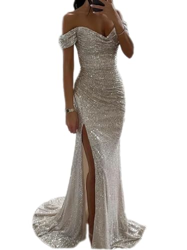 Tomwell Damen Pailletten Abendkleid Sexy Schulterfrei Hohe Taille Seitenschlitz Lang Kleid Maxikleid Elegant V-Ausschnitt Cocktailkleid Ballkleider A Silber L von Tomwell