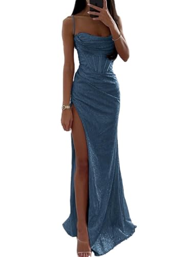 Tomwell Damen Pailletten Abendkleid Sexy Schulterfrei Hohe Taille Seitenschlitz Lang Kleid Maxikleid Elegant V-Ausschnitt Cocktailkleid Ballkleider B Blau M von Tomwell